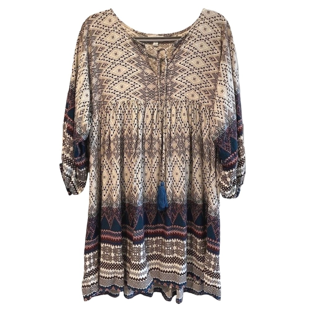 Umgee Boho Geometric Print Tassel Tie V-Neck Tunic Babydoll Dress Small Mens‎